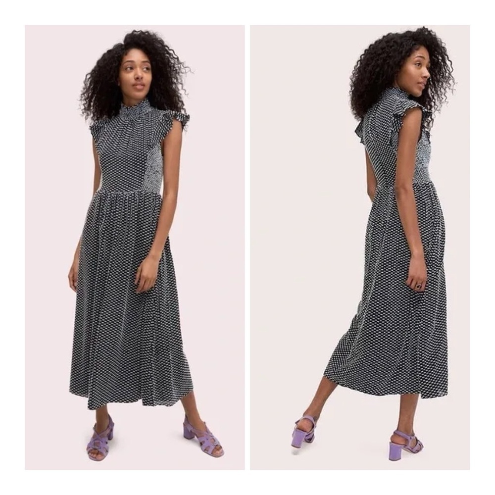 Kate Spade New York Smocked Clip Swiss Dot Mock Neck Flutter Midi Dress Size 6